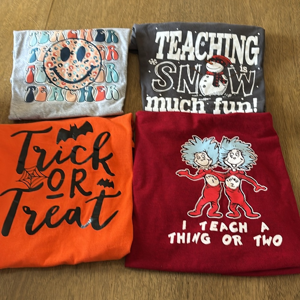 Teacher tees!!! All size XL. Set of 4. Everyday, Halloween, Dr. Seuss, Snow Days